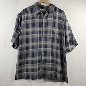 Vintage Silk Brand Blue Plaid Silk Men's Button Up Shirt Short Sleeve Casual XL